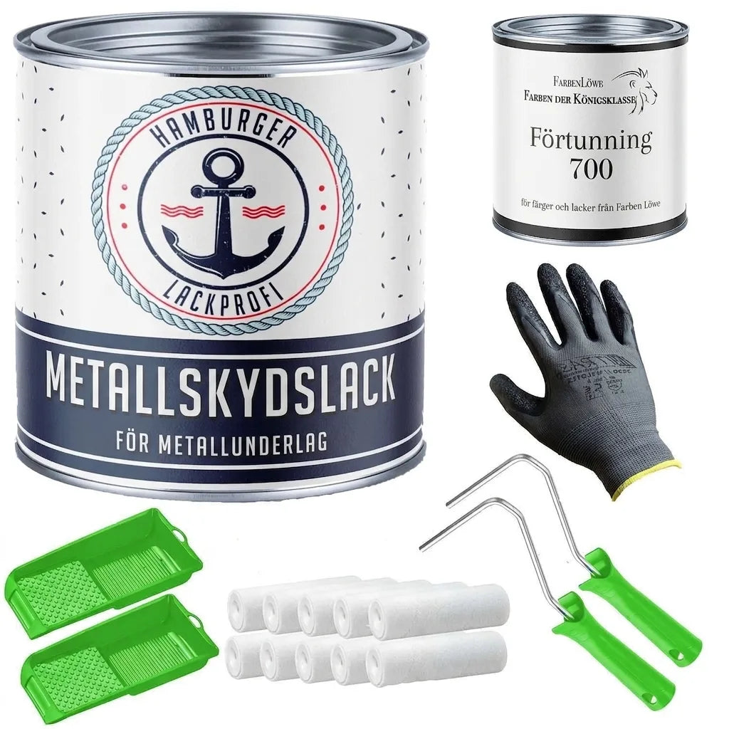 Komplett målarset med metallskyddsfärg, thinner, målarhandskar, rollerbyglar, minirullar och färgtråg.