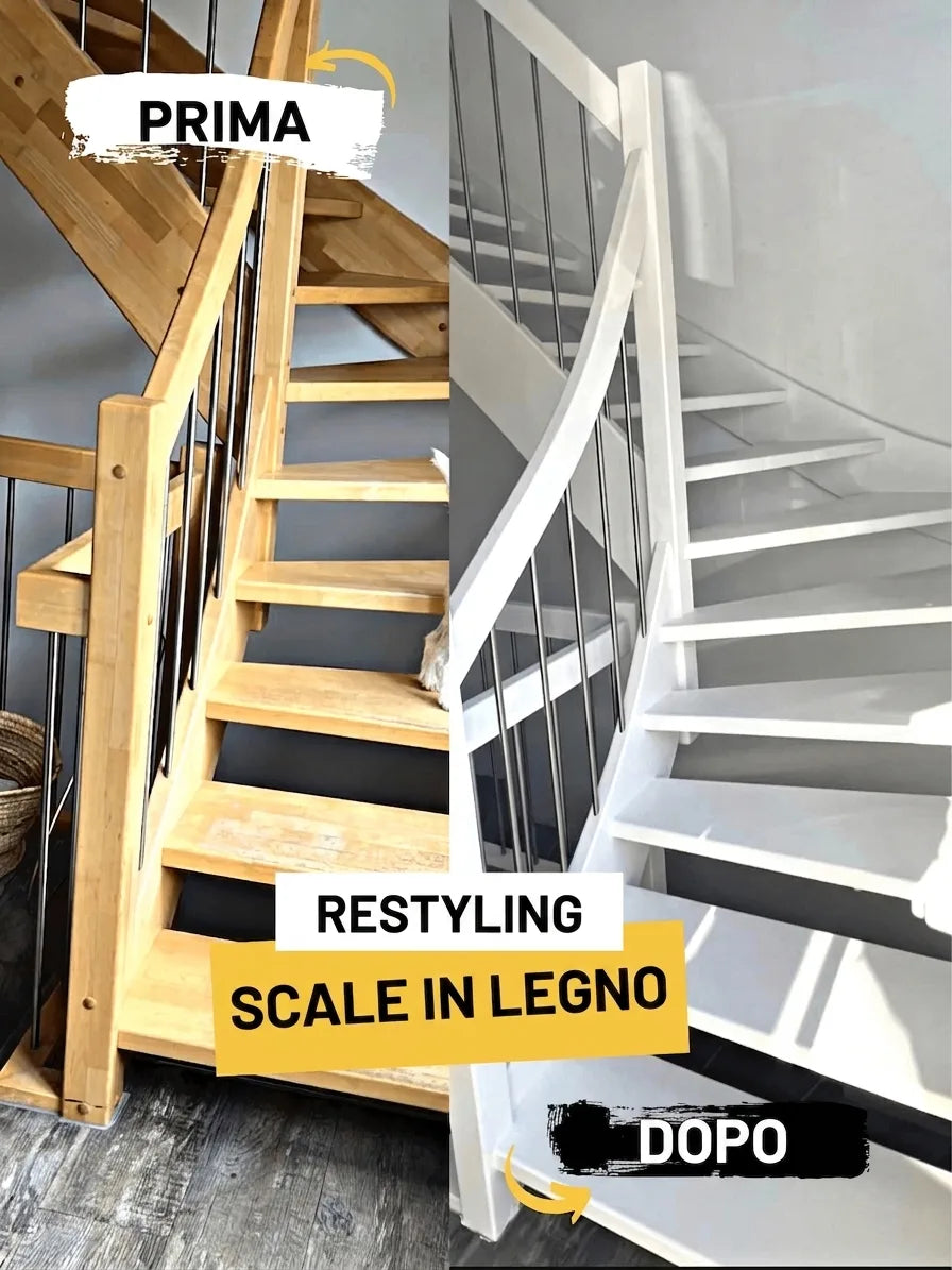 Prima e dopo un makeover di una scala in legno: da marrone chiaro a bianco moderno ed elegante.