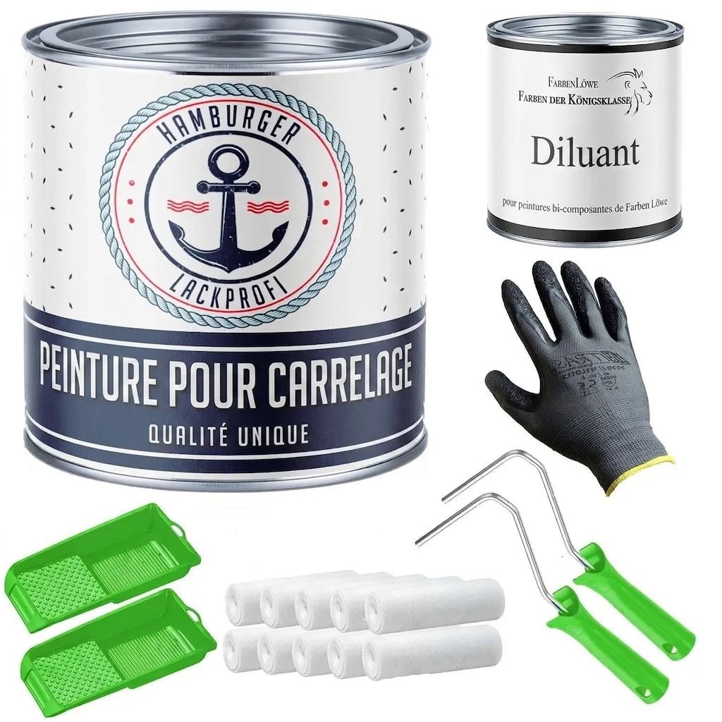 Vernis carrelage Hamburger Lackprofi, diluant Farben Löwe, gants, rouleaux et bacs à peinture.