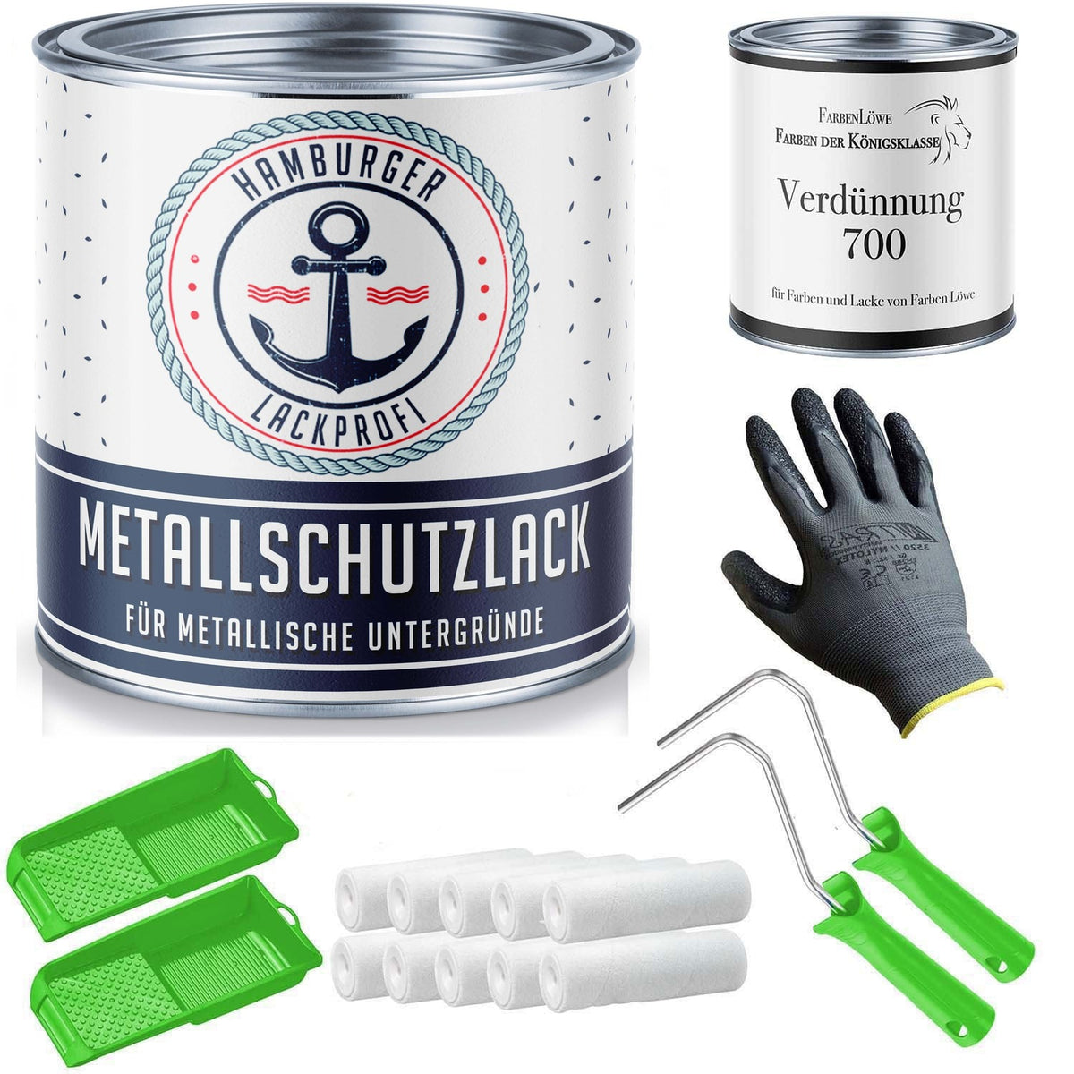 Hamburger Lack-Profi Metallschutzlack 3in1 SEIDENMATT mit Lackierset (X300) & Verdünnung (1 L) - 30% Sparangebot