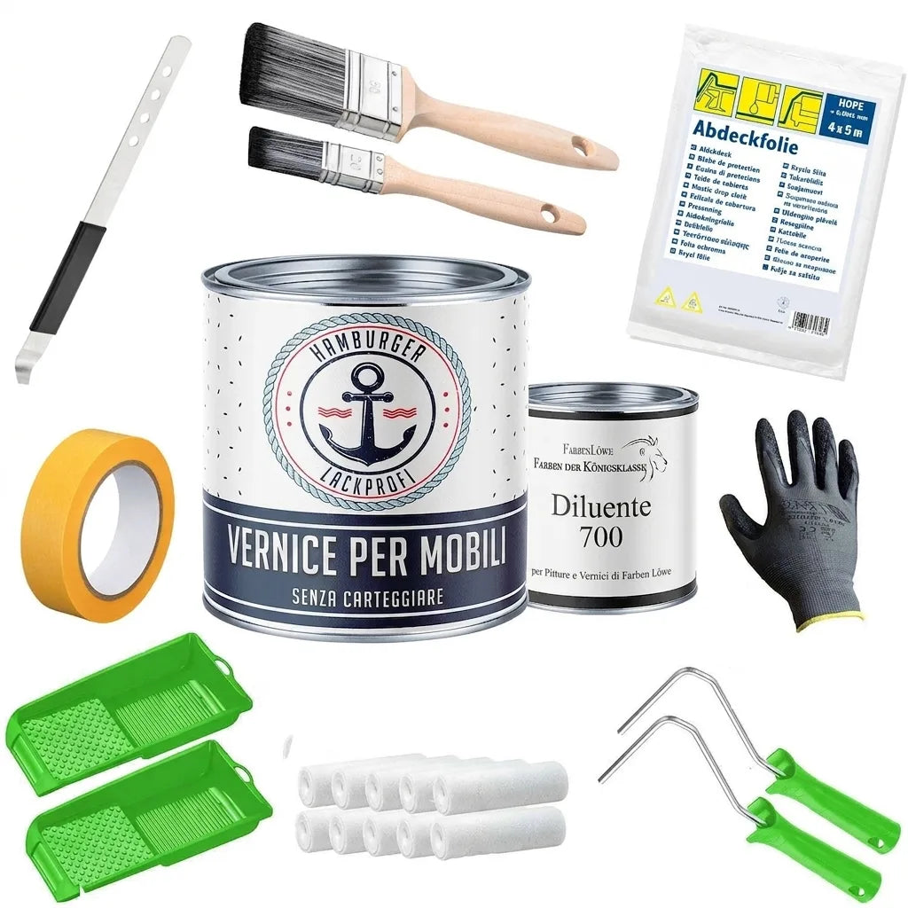 Kit pittura mobili con vernice, diluente, pennelli, rulli, nastro, guanti e telo protettivo.